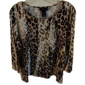 Alfred Dunner Top Blouse PL Brown Cheetah Print Petite Cotton Spandex Animal